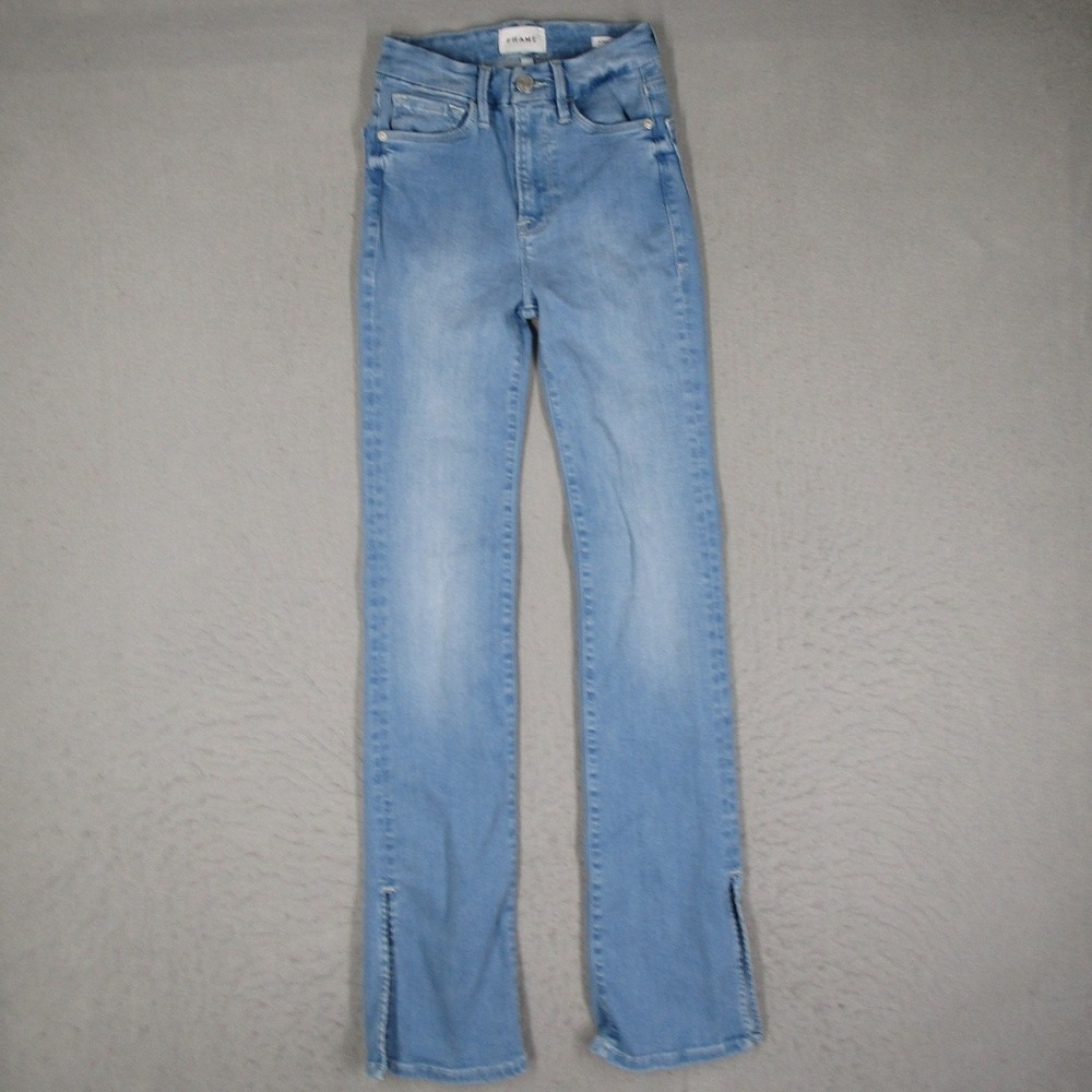 FRAME Le Super High Mini Boot Jeans Light Wash Blue Side Slit Size 23 - Picture 1 of 14